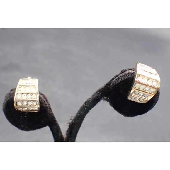 Christian Dior Half Hoop with Clear Rhinestones Gold Tone Clip Earrings signed - Picture 1 of 3